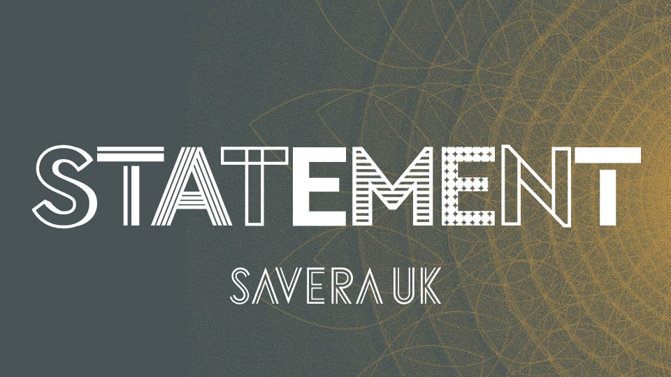 Grey graphic with a faded pale orange mandala in the background. Big text that says "Statement" and underneath is the Savera UK logo.