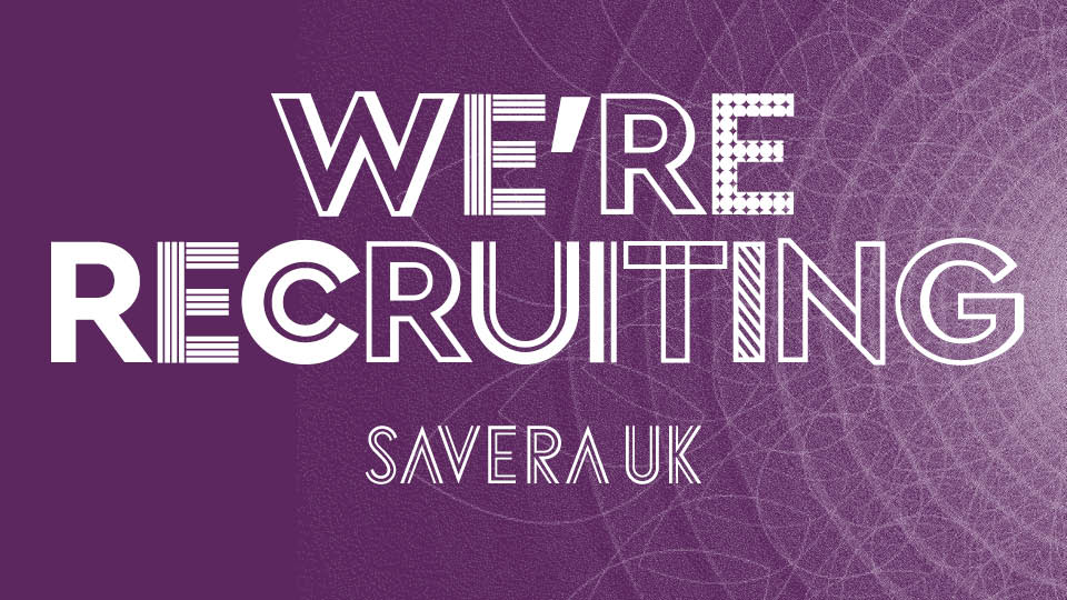 Text that says "We're Recruiting" with a Savera UK logo. The background is a deep purple with a faded white coloured mandala in the background.